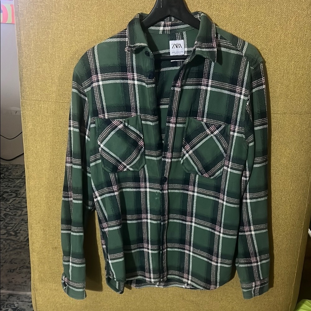 Zara Green Plaid Button-Up Shirt